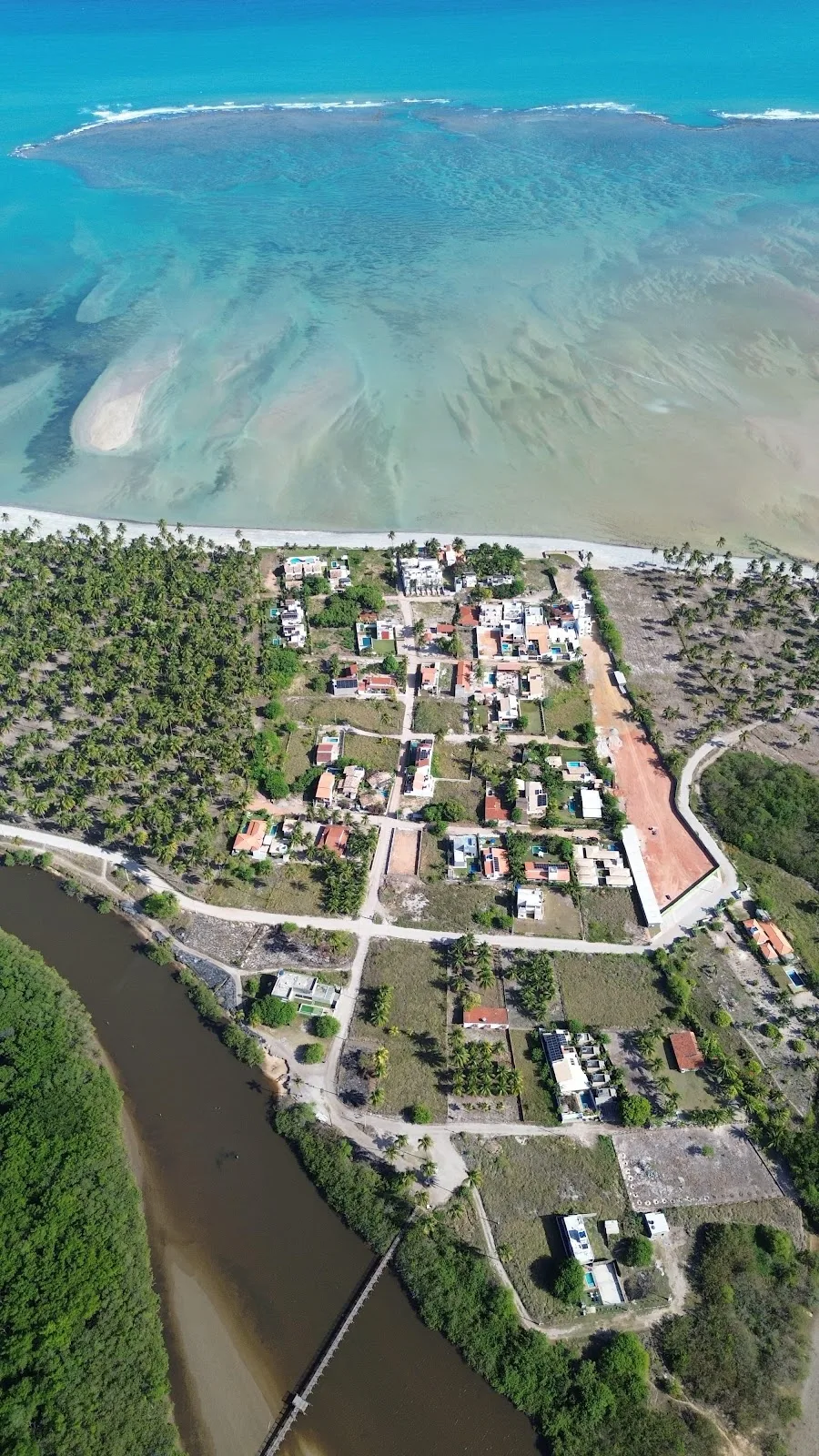 Vista aérea vertical de Tatuamunha, com o rio, as casas da vila e os recifes